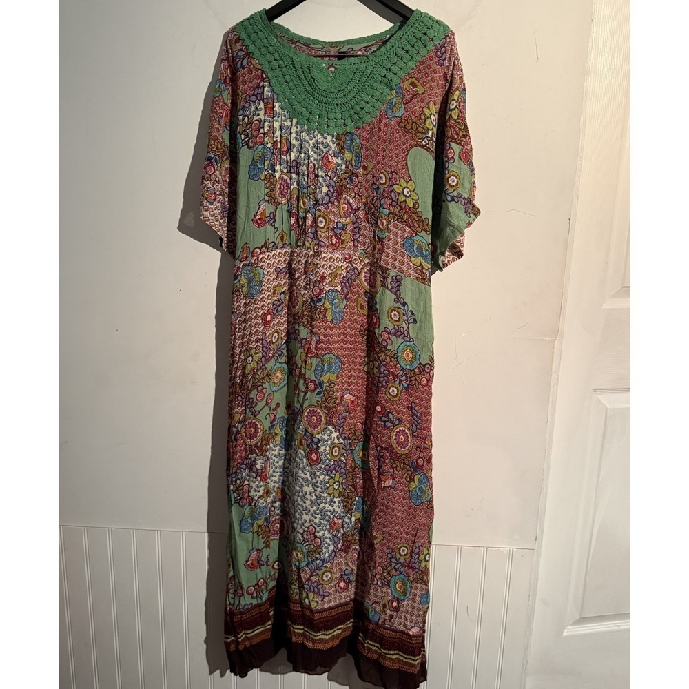 Vintage Y2K Tie Back Patchwork Crocheted Neckline Dress 1X Boho Festival‎ Hippie
